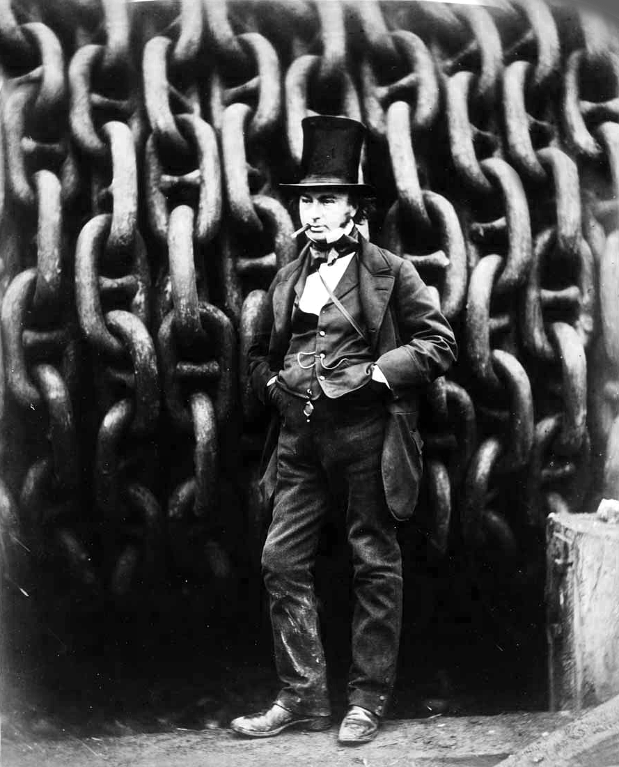 Brunel standing in front of huge iron anchor chains