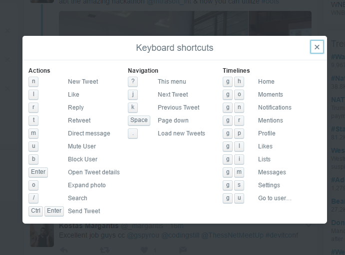 Screenshot of Twitter keyboard shortcuts dialogue